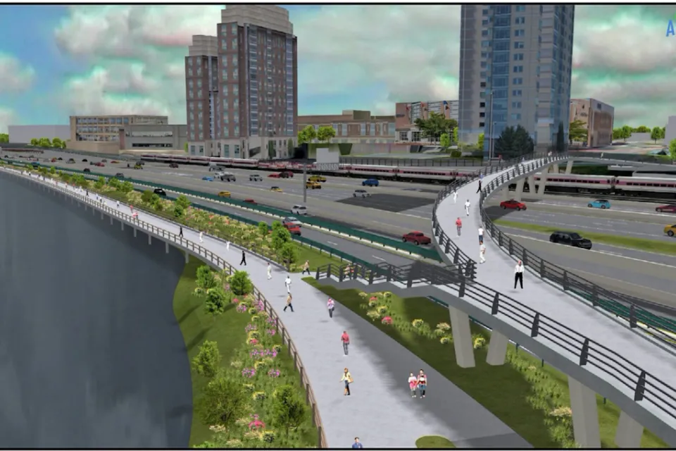 Rendering of pedestrian walkways over at-grade Mass Pike in Allston, Boston.
